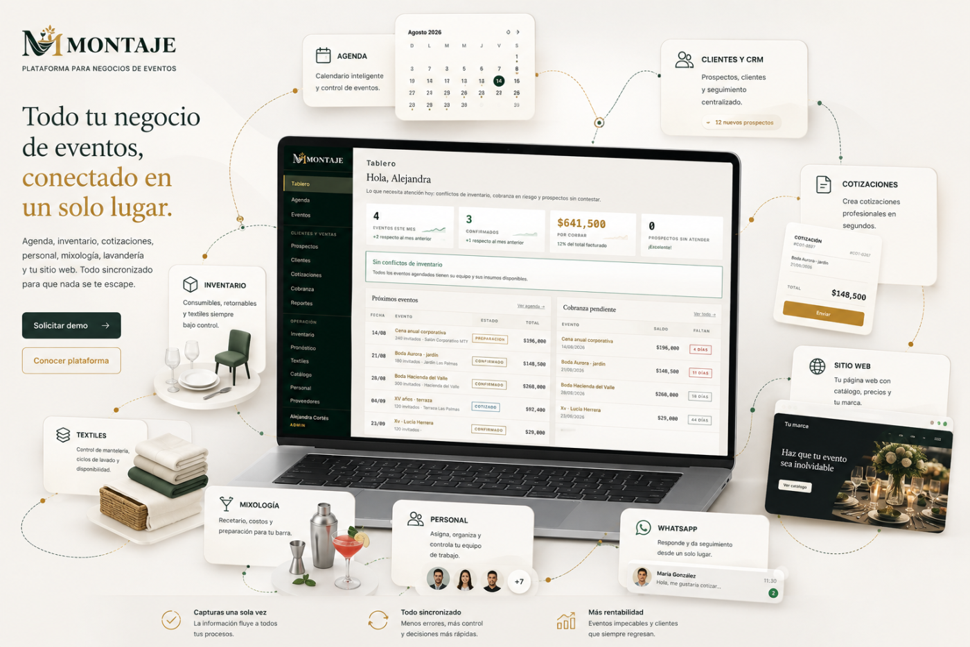 El sistema de Montaje: tablero con la agenda del mes, cobranza pendiente y próximos eventos, rodeado de sus módulos — agenda, inventario, textiles, mixología, personal, cotizaciones, clientes, WhatsApp y sitio web.